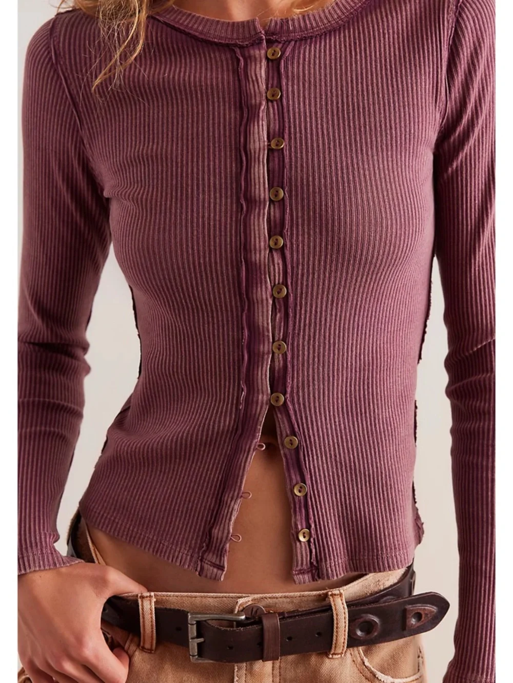 Free People Its On Cardi Raw edge Ribbed Button Down Fitted top Size S